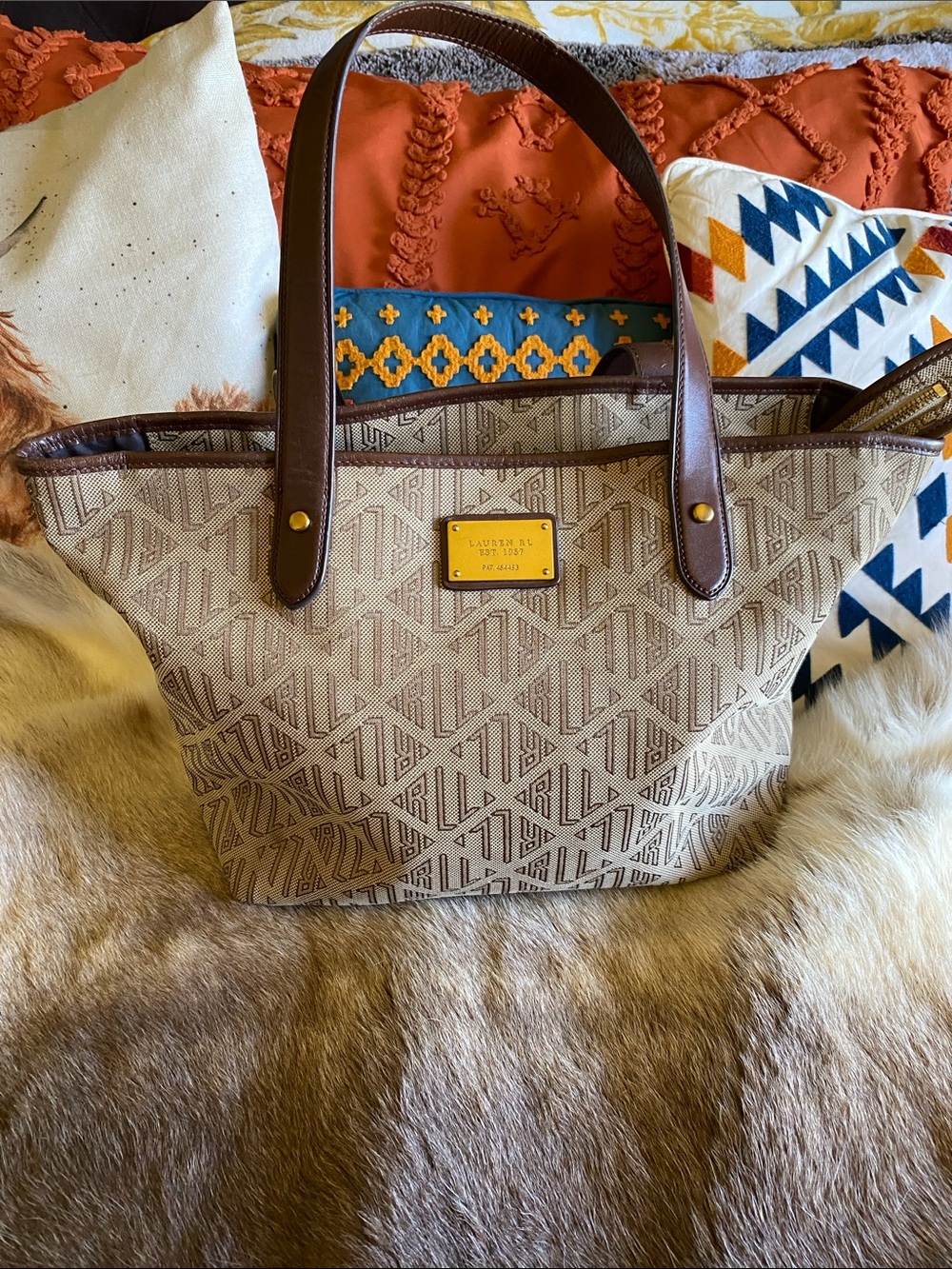Lauren Ralph Lauren Beige Monogram Tote with Brown Leather Handles